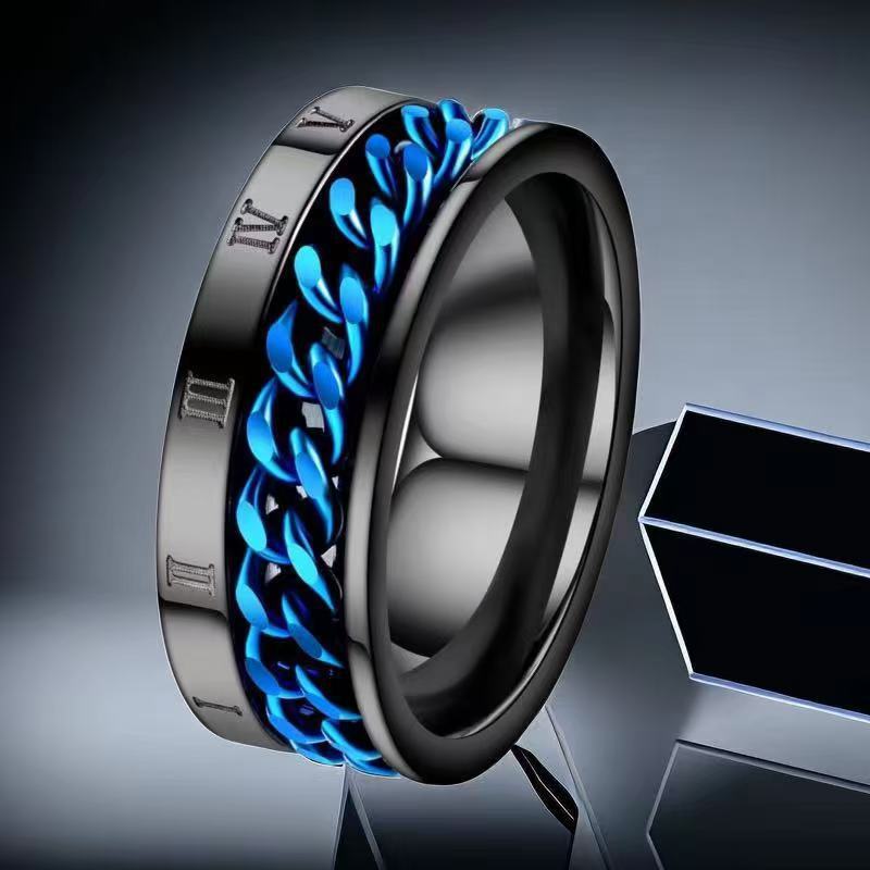 Men's Stainless Steel Fashionable Rotating Decompression Titanium Niche Ring - 23-e-6 Roman Numeral Black Circle Blue Chain / No. 10 MegaBDM