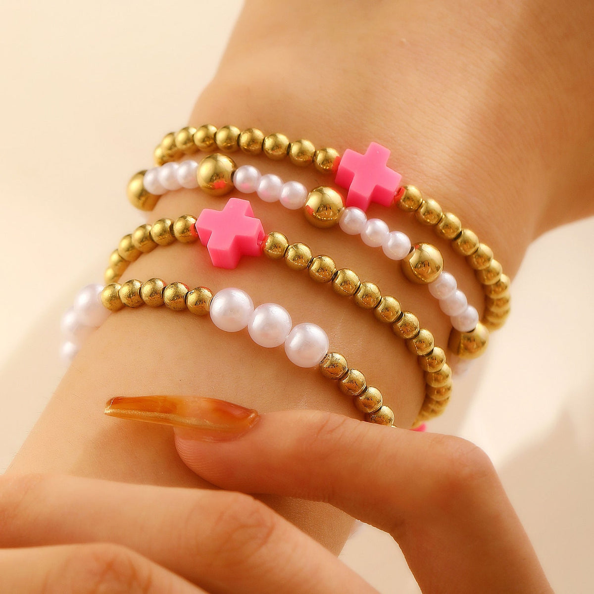 Women's Cool Couple Beach Style Handmade Beaded Stretch Wafer Bracelet - Pink G-464 MegaBDM