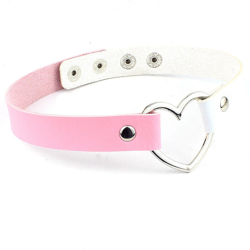 Fashion Punk Nightclub Soft Leather Heart Love Necklaces - Four Buttons White Pink MegaBDM