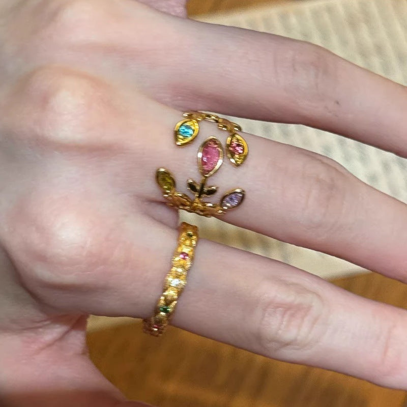 Flower Branch Open Female Twin Twist Weave Imitation Gold Index Ring MegaBDM
