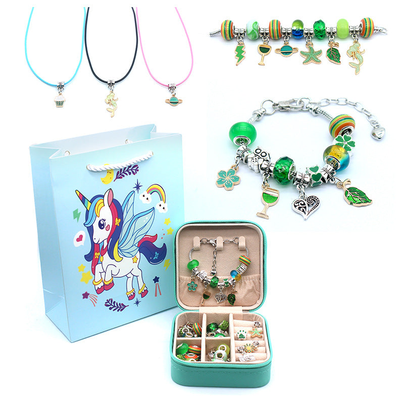 Children's Pink Crystal String Beads Unicorn Cute Bracelets - Green Unicorn Gift Box MegaBDM