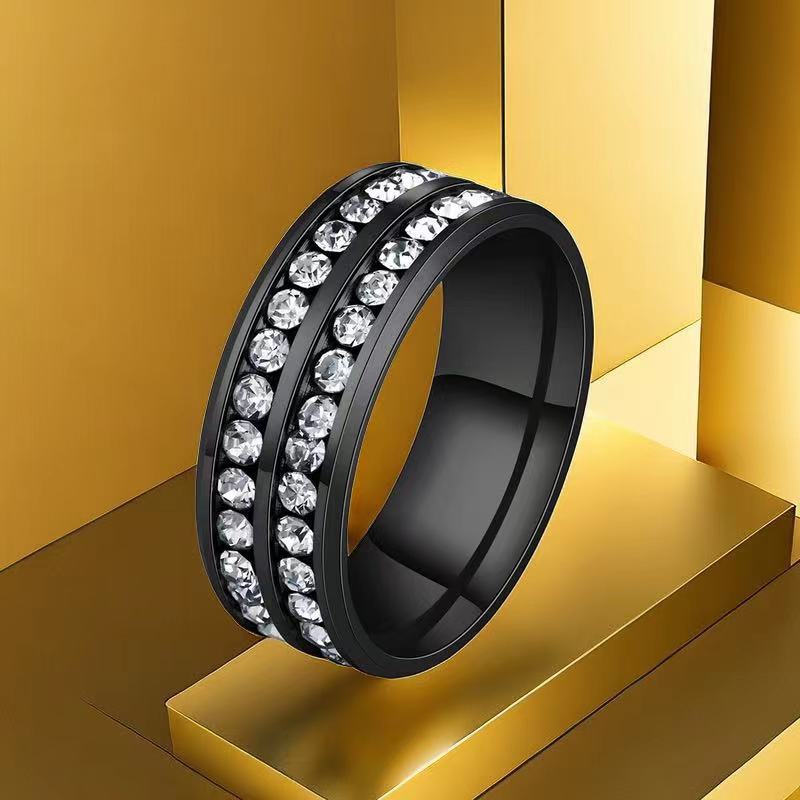 Stainless Steel Titanium Female French Style Starry Square Ring - 34-D-1 Black Two Super Glue Rhinestones / No. 11 MegaBDM