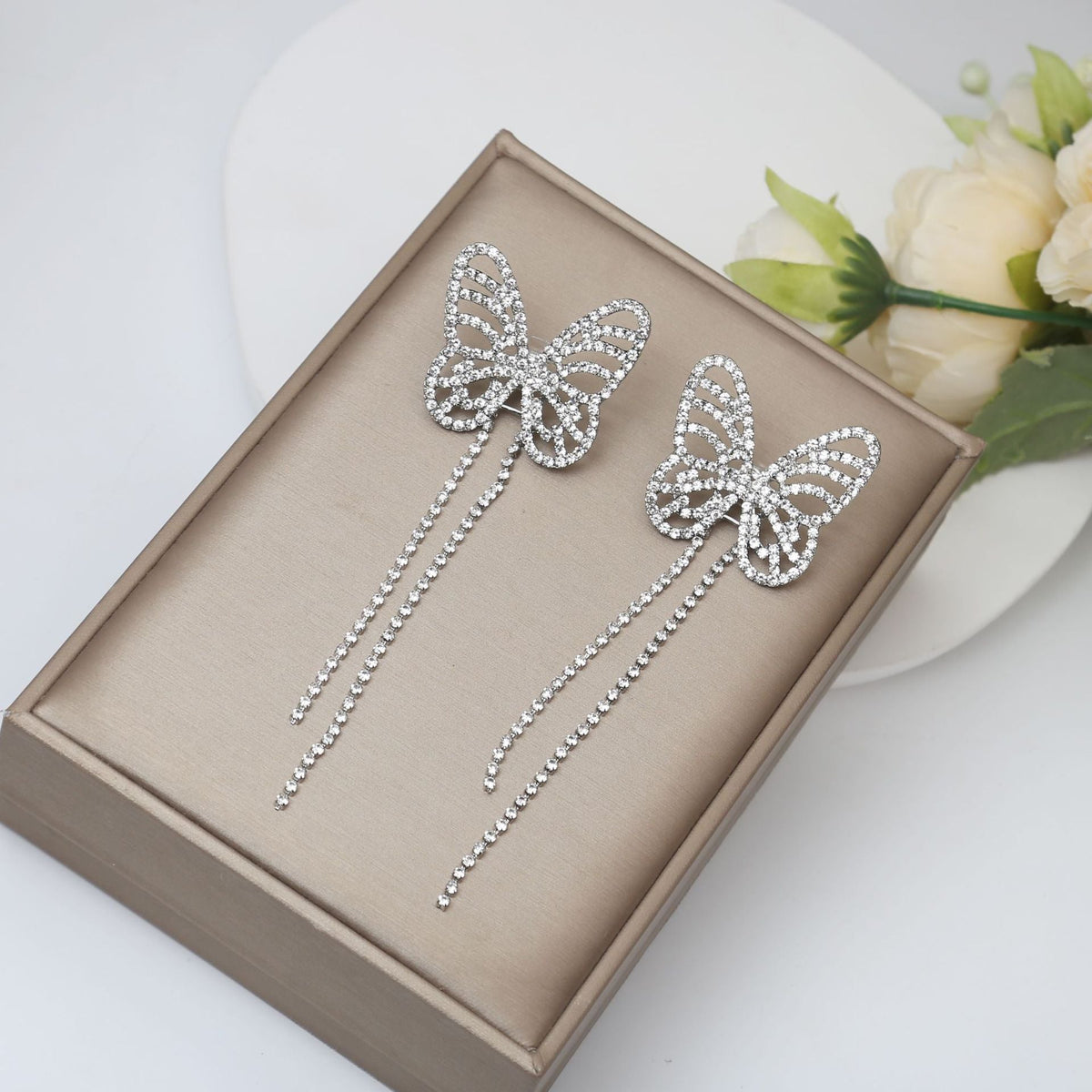 Diamond Butterfly Flower Pearl Graceful Fashionable Long Earrings - E1938 MegaBDM