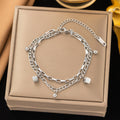 Titanium Steel Female Gold Fashion Light Luxury High Bracelets - [E260] Square Double-Layer Chain Bracelet Steel Color MegaBDM