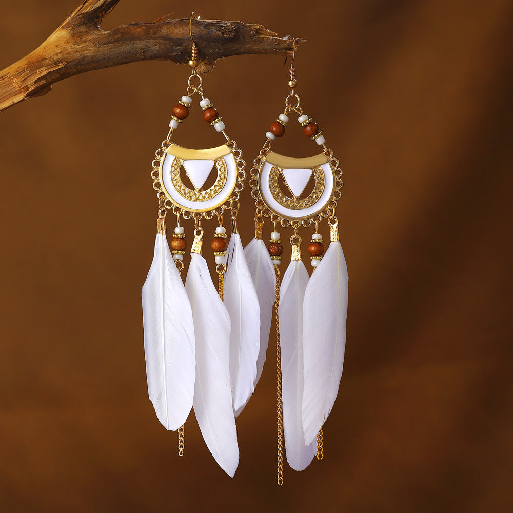 Semicircle Feather Popular Long Bead Chain Tassel Ethnic Rings MegaBDM