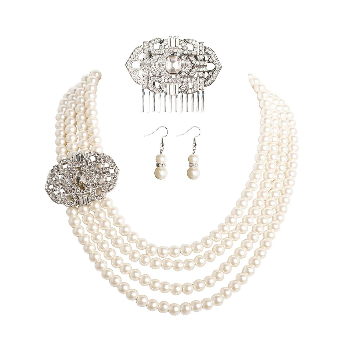 Audrey Hepburn Bride Rhinestone Big Crystal Necklaces - A- Pearl Necklace Three-Piece Set MegaBDM