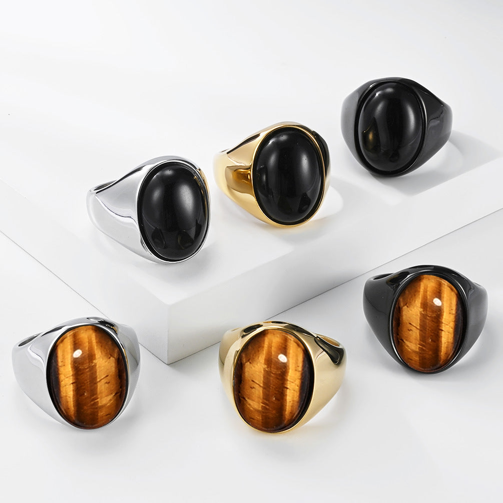 Simple Glossy Titanium Steel Mosaic Oval Tigereye Niche High Sense Rings MegaBDM