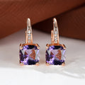 Women's Square Zircon Inlaid Ear Hook Korean Fashion Style Stud Earrings - Rose Gold Purple Diamond MegaBDM