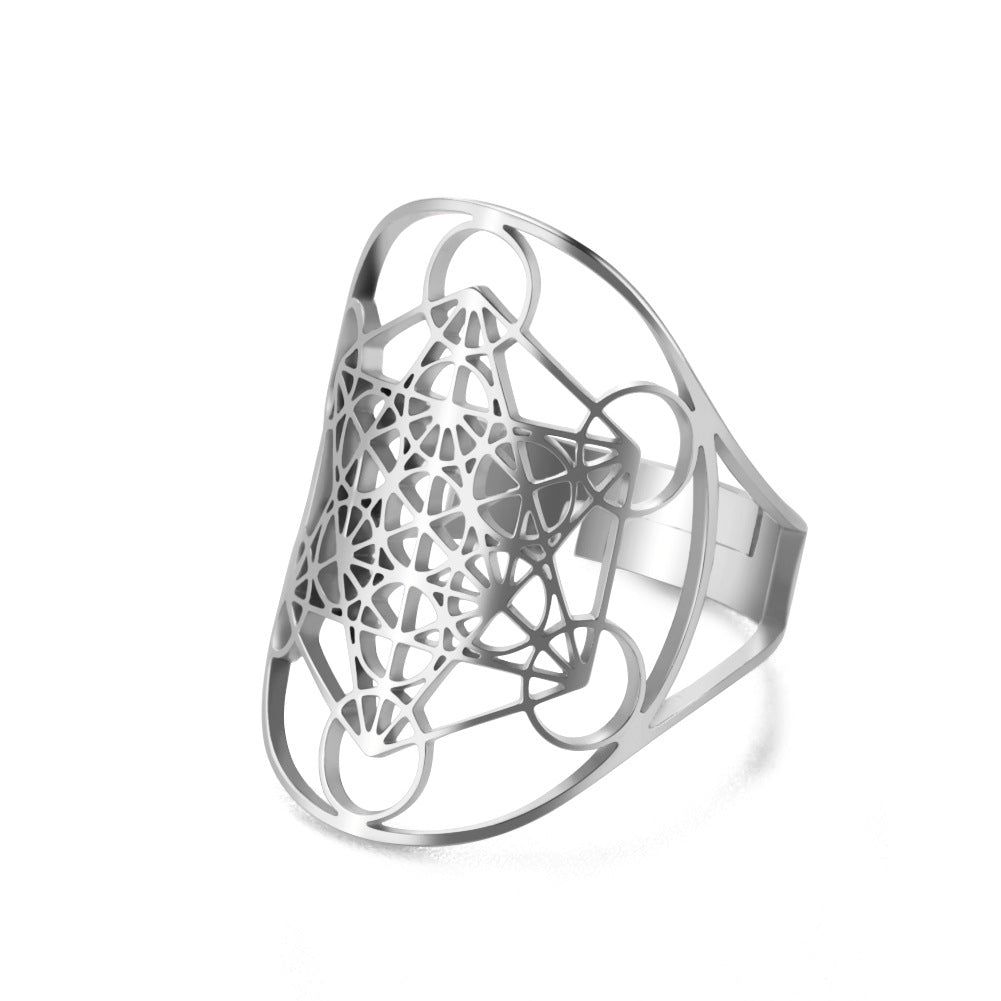 Women's Adjustable Stainless Steel Sacred Geometric For Charm Rings - Steel Hollow Six-Side Eight-Pointed Stars Circle MegaBDM