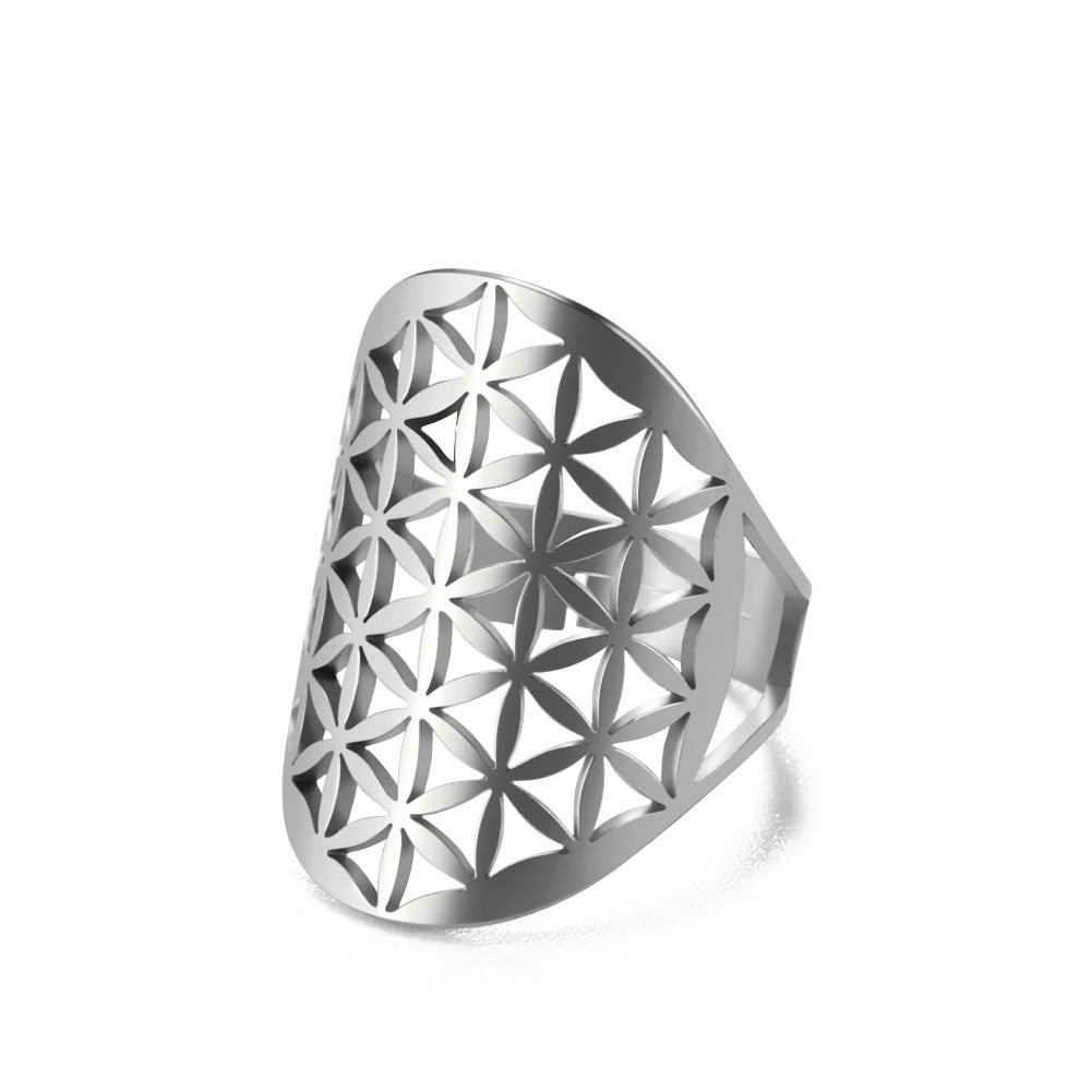 Women's Adjustable Stainless Steel Sacred Geometric For Charm Rings - Steel Hollow Flower Classic MegaBDM