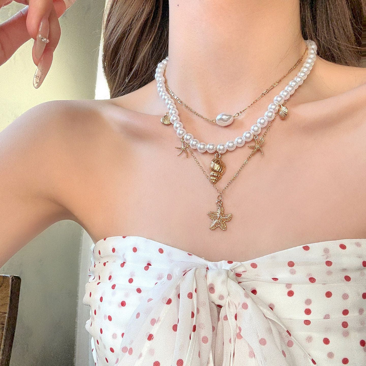 Women's Style Starfish Shell Clavicle Chain Suitable For Summer Necklaces - XL-0185 Golden Three-Layer Starfish Necklace MegaBDM