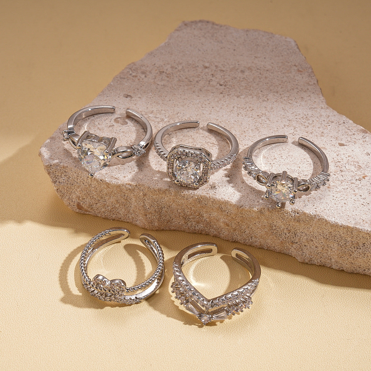 Rose Flower Love Pearl Light Luxury High Sense Ring - 56# Open Ring-Silver (Five-Piece Set) MegaBDM