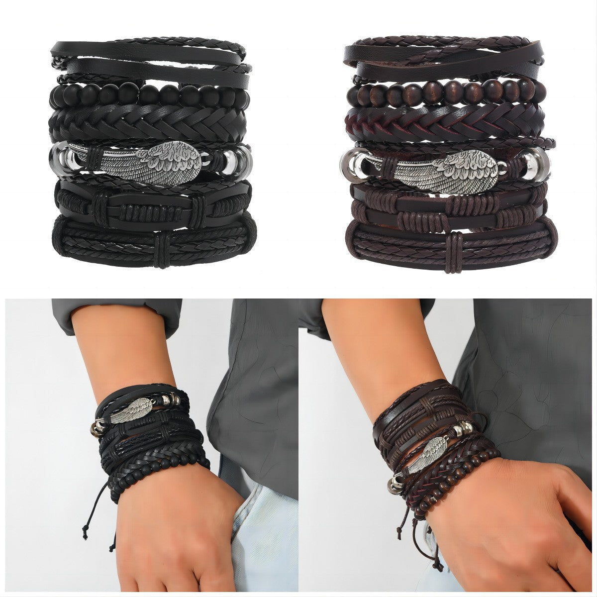 Men's Combination Vintage Leather Carrying Strap Wings Alloy Bracelets MegaBDM