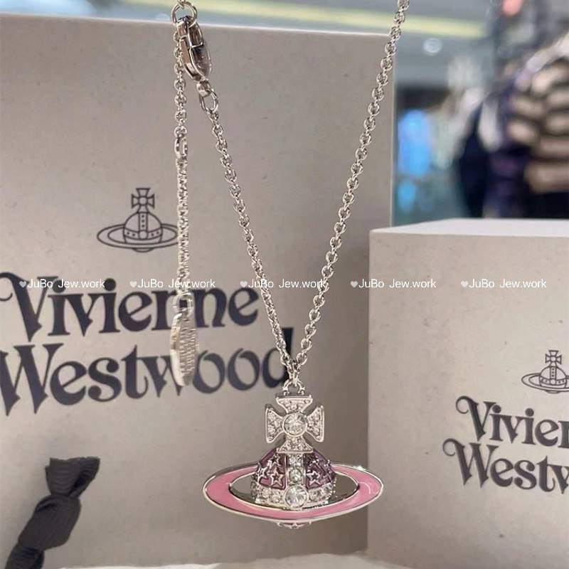 Women's Romantic Queen Mother Planet Three-dimensional Saturn Crystal Sweater Chain Necklaces - Pink Enamel Saturn Necklace-Silver MegaBDM