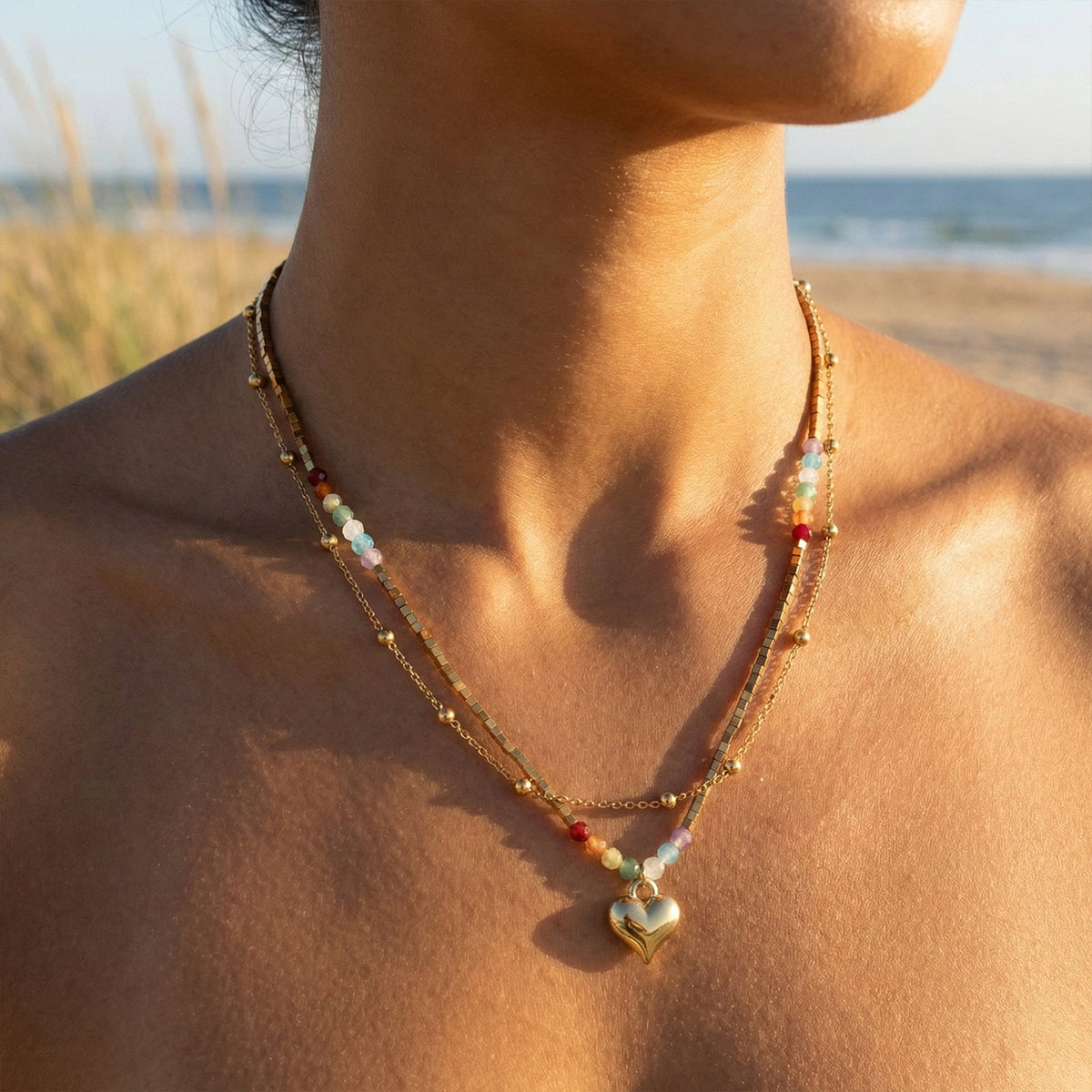 Beaded Double Layer Twin Vacation Style Metal Chain Love Necklaces MegaBDM