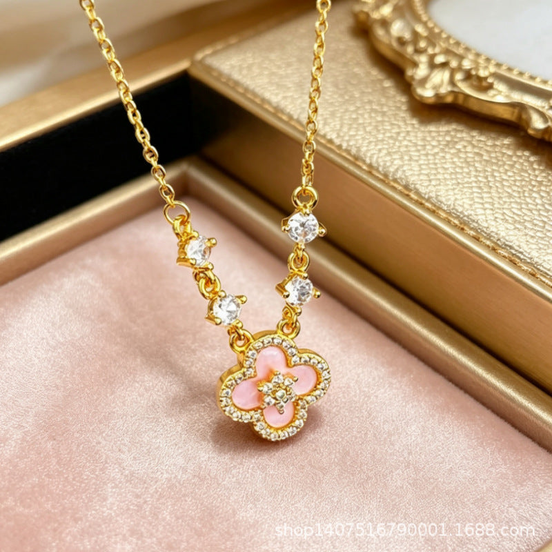Imitation Pink Shell Four-leaf Flower Ear Drawable Graceful Fashionable Clavicle Bracelet - Alloy Diamond Four-Leaf Flower-Necklace [Gold Pink]] MegaBDM