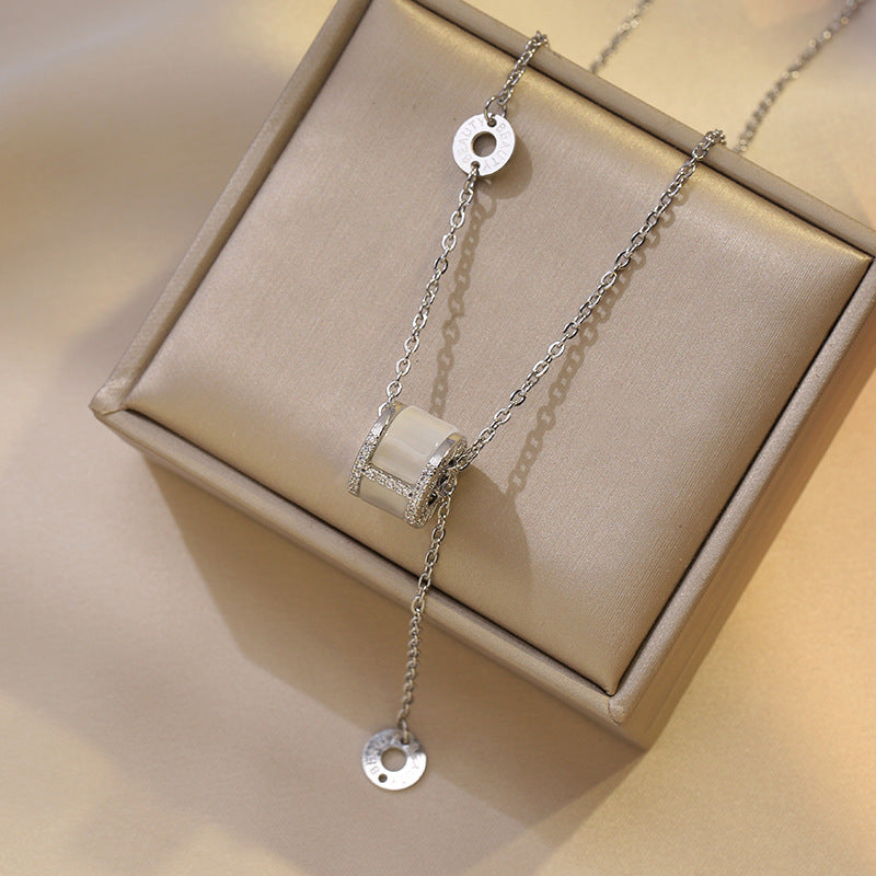 Women's Temperament Opal Large Thin Waist Titanium Steel Everyday Joker Clavicle Necklace - X0028 Steel Big Thin Waist Necklace MegaBDM