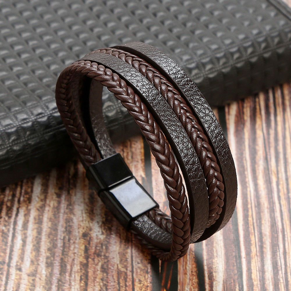 Men's Fashion Woven Alloy Magnetic Buckle Bracelets - Bright Black Coffee MegaBDM