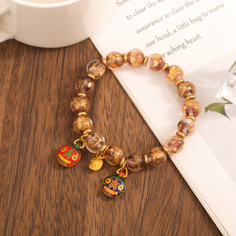 Gray Colored Glaze Gold Foil Swallowing Beast Ethnic Style Bracelets - Gold Foil Grape Purple Spacer Swallowing Gold Beast Bracelet 07 / 10mm MegaBDM
