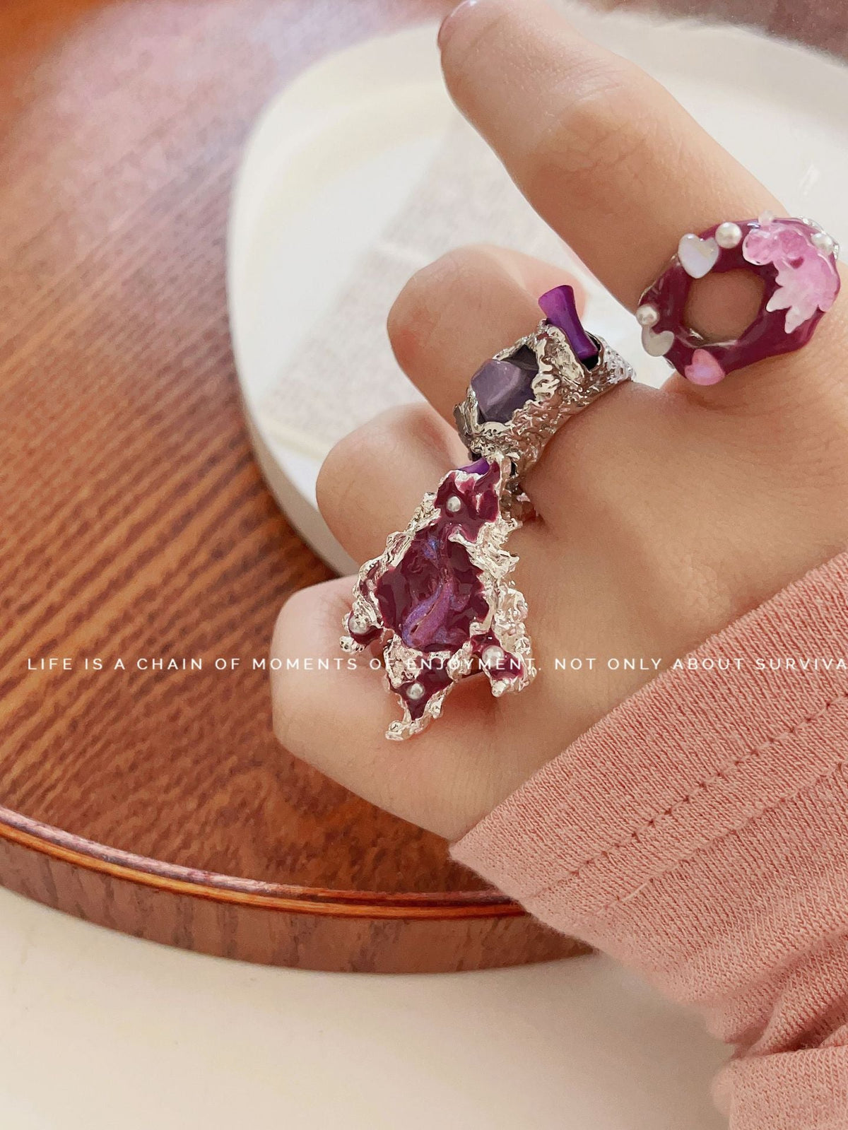Design Metal Lava Purple Tourmaline Stone Enamel Cold Wind Ring MegaBDM