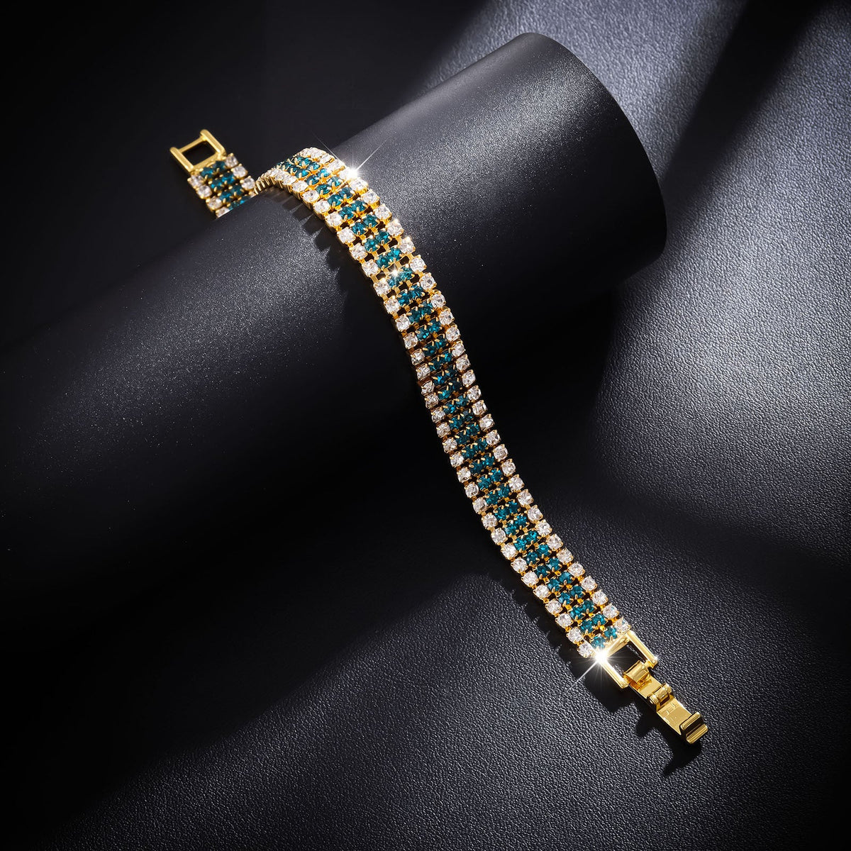Women's Luxury Roman Crystal Gold Simple Full Diamond Bracelets - Golden Lake Blue Diamond MegaBDM