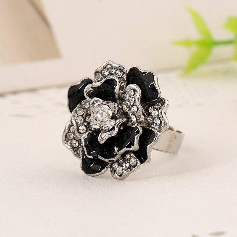 Women's Luxury Flower Series Romantic Diamond Drop Ring - Black-White K MegaBDM