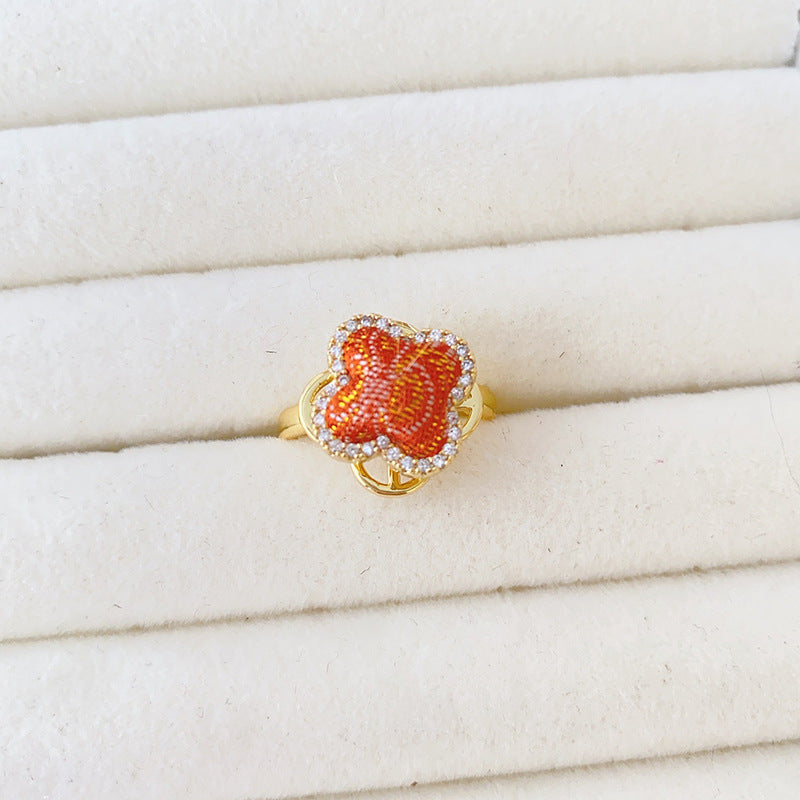 Style Song Dynasty Brocade Clover Rotatable Finished Delicate Rhinestone Copper Rings - Orange MegaBDM