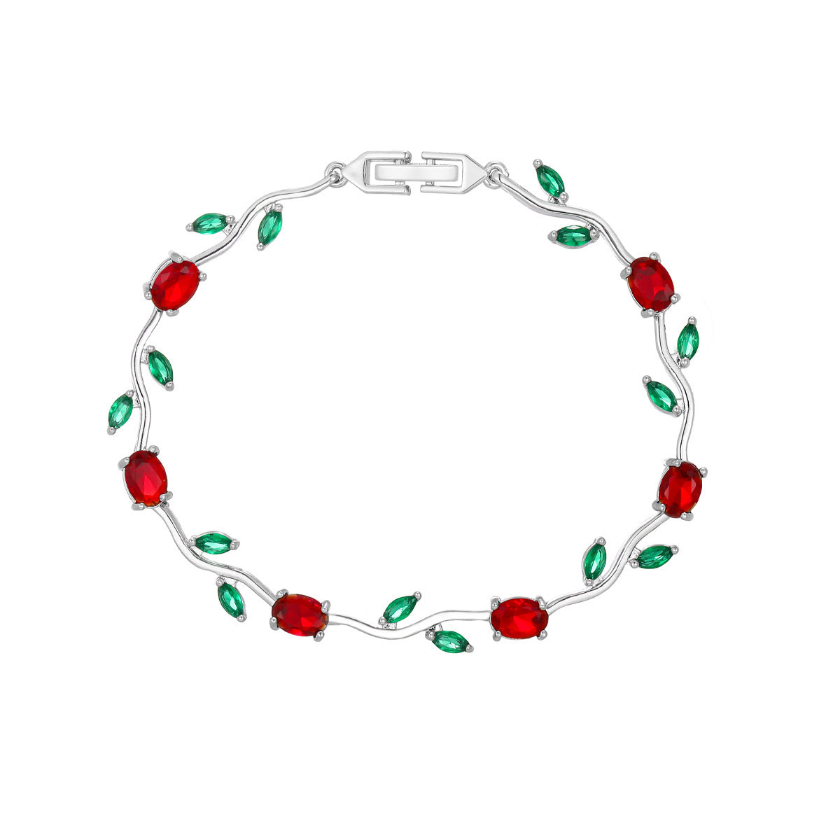 Luxury Style Quality Light Full Diamond Bracelet - Silver, Green Leaves; Red MegaBDM