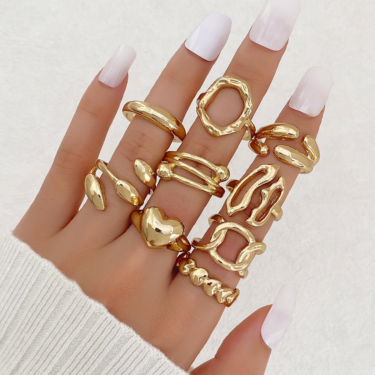 Women's Exaggerated Personalized Gold Irregular Oval Heart-shaped Open Rings - 8-Piece Set HS2099-12 MegaBDM