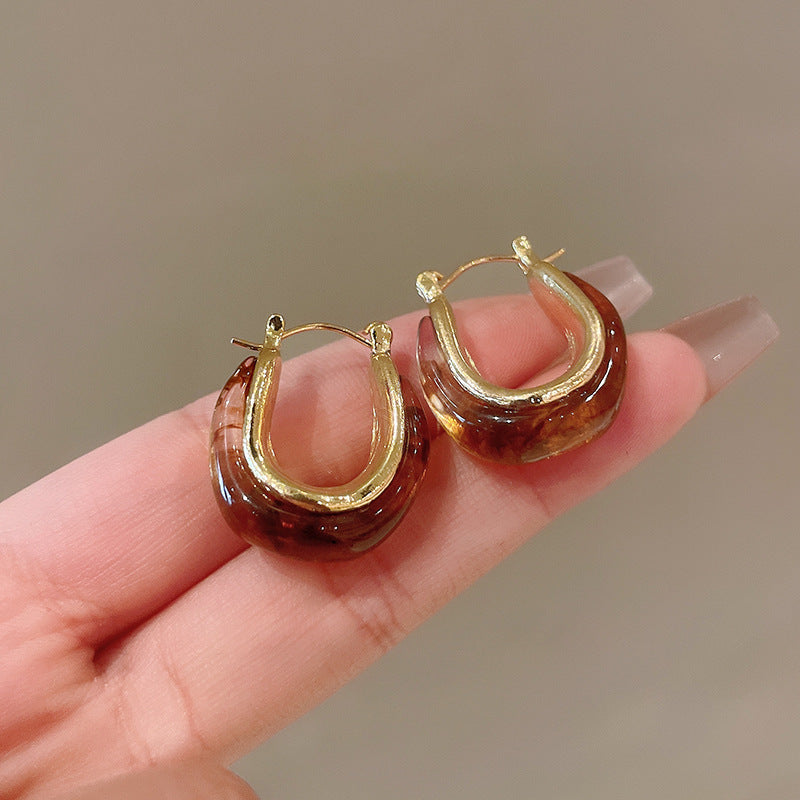 Women's Coffee Color Sier Needle Tigereye Style Earrings - 28 Ear Clip-Brown-U-Shaped MegaBDM