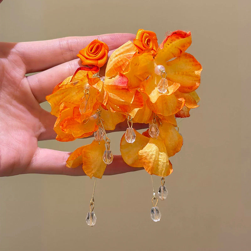 Fairy High Sense Vacation Style Elegant Fashionable Wearing Modified Face Earrings - Exaggerated Orange Gradient Petal Beaded Tassel Earrings MegaBDM
