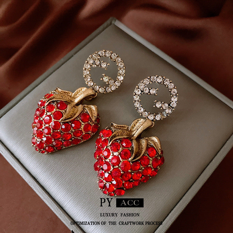 Zircon Butterfly Water Drop Ear Female Rings - 48# Silver Needle-Red-Strawberry MegaBDM