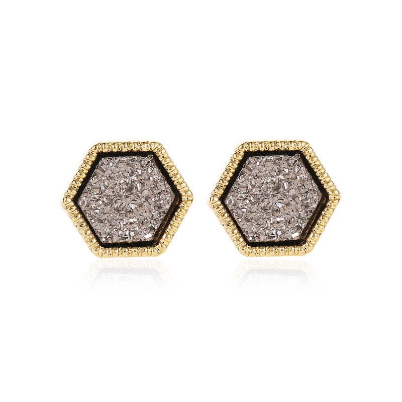 Women's Korean Starry Frosted For Fashion Hexagon Stud Earrings - 05 Gray 4583 MegaBDM
