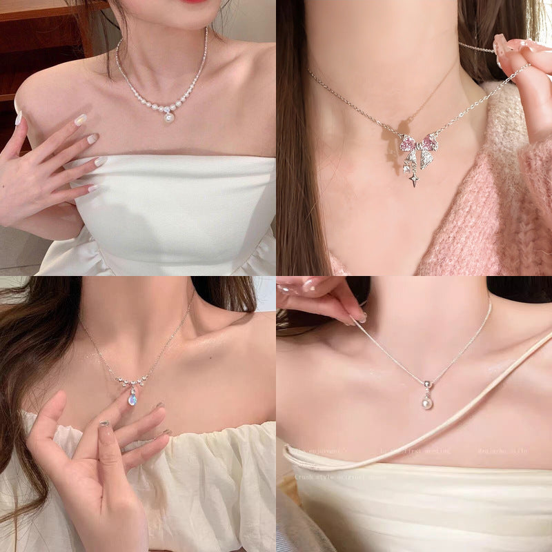 Women's Delicate Heart Light Luxury Graceful Fashionable Butterfly Clavicle Necklace - 3# Double-Layer Bowknot Water Drop Necklace MegaBDM