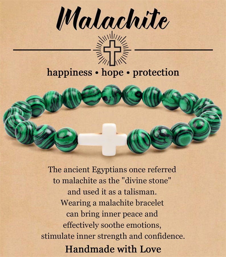 Women's & Men's Pink Zebra Tiger Eye Cross Malachite Elastic Bracelets - Cross Peacock Green with Card MegaBDM
