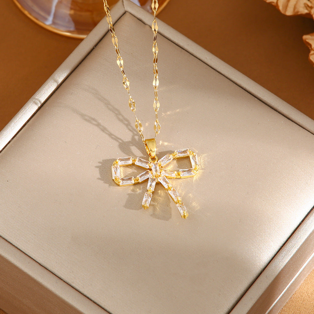 Women's Titanium Steel No Fading High-grade Design Necklaces - A0108 Gold Full Zirconium Bow MegaBDM