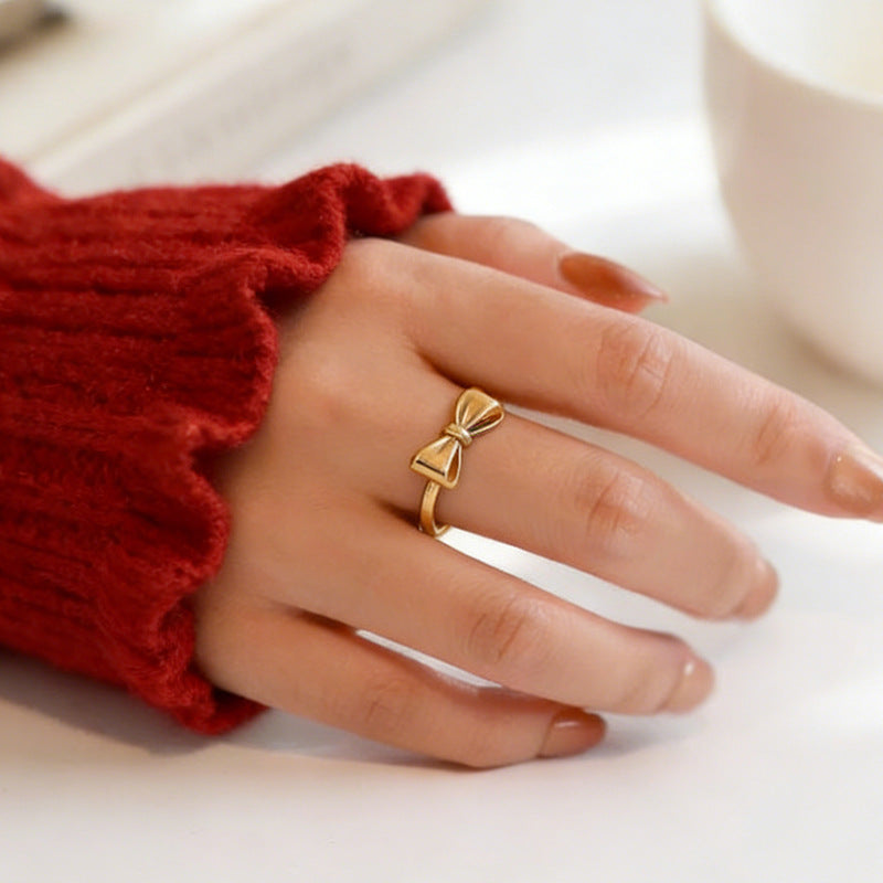 Simple Titanium Steel Bow Female Design Cute Girlfriends Gold Rings MegaBDM