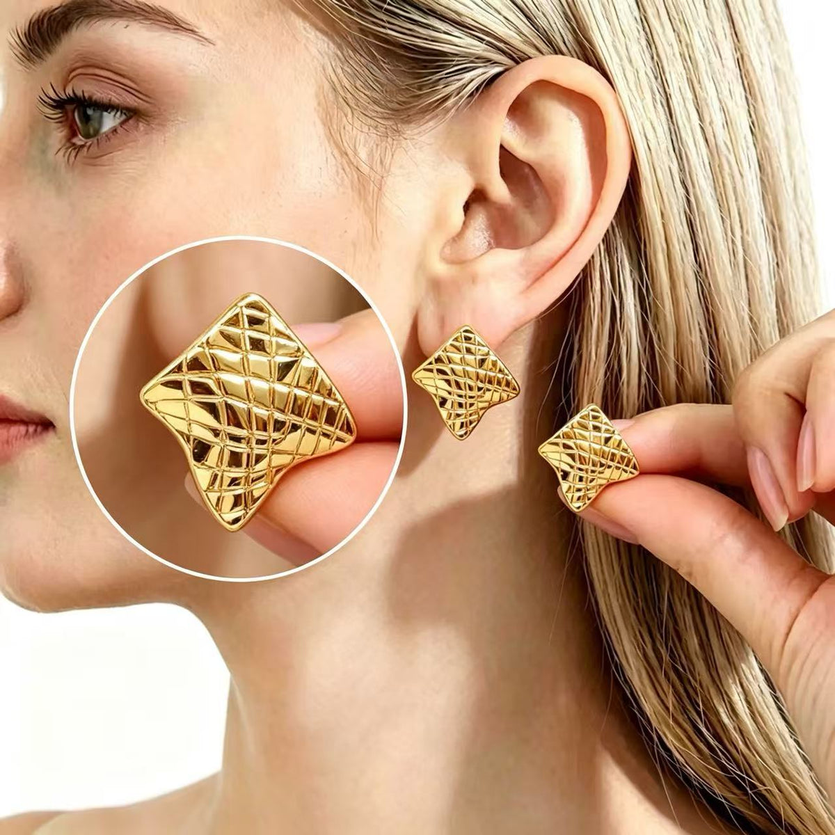 Square Block Irregular Texture Design Sense Niche Stud Earrings - Silver Twisted Square Earrings MegaBDM
