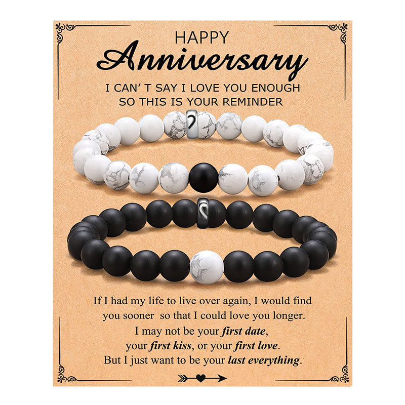 Couple Pair Suit Black White Beaded Bracelets - Anniversary Stainless Steel Accessories with Card MegaBDM
