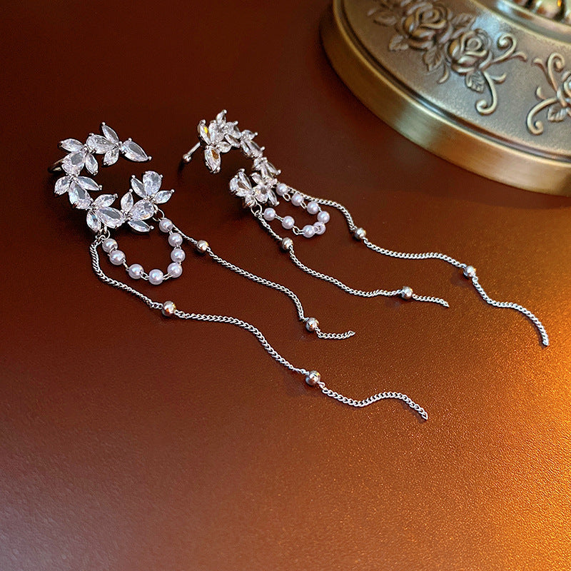 Zircon Letter Long Light Luxury High-grade Fashion Simple Earrings - 44# Zircon Crescent C- Shaped Pearl Tassel Ear Clip MegaBDM