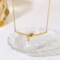 Hollow Bow Freshwater Pearl Bends Hitches Stainless Steel Earrings - [86094] Bow Pearl Necklace MegaBDM