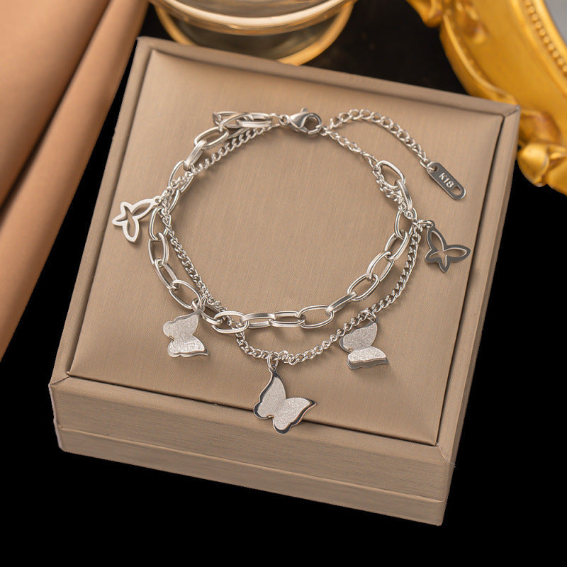 Titanium Steel Female Gold Fashion Light Luxury High Bracelets - [E138] Butterfly Double-Layer Bracelet, Steel Color MegaBDM