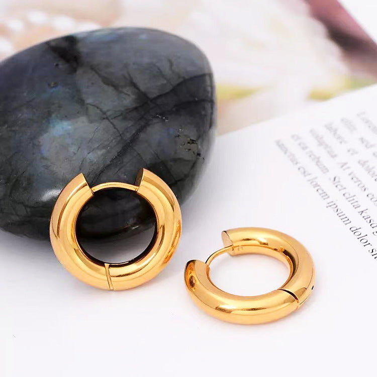 Women's Heavy Texture Round Stainless Steel Ear Clip Earrings - Gold 1 / Inner Diameter 12mm (Manual Finishing Polish) MegaBDM