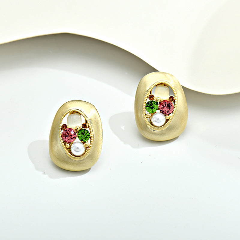 Women's Pearl Delicate Oval Fashion Design High-grade Light Stud Earrings - Gold Pink Diamond MegaBDM