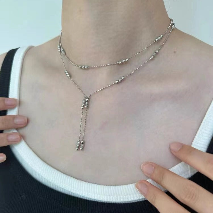 Sier Simple Sliver Beads Tassel Double Layer Spacer Necklace MegaBDM
