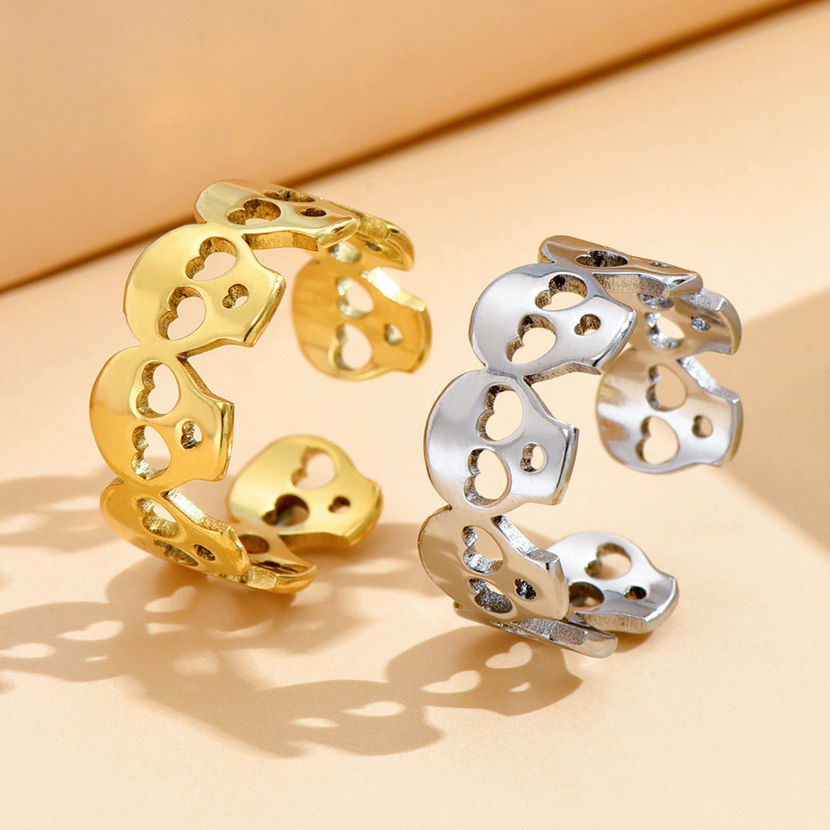 Vintage Punk Style Skull Opening Stainless Steel Adjustable Gold Plated Ring MegaBDM