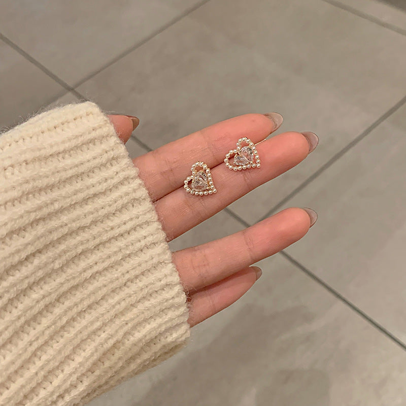 Women's Sier Pin Korean Style High Sense Special Earrings - 86# Loving Heart Zircon Small Ear Studs MegaBDM