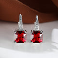 Women's Square Zircon Inlaid Ear Hook Korean Fashion Style Stud Earrings - Platinum Red Diamond MegaBDM