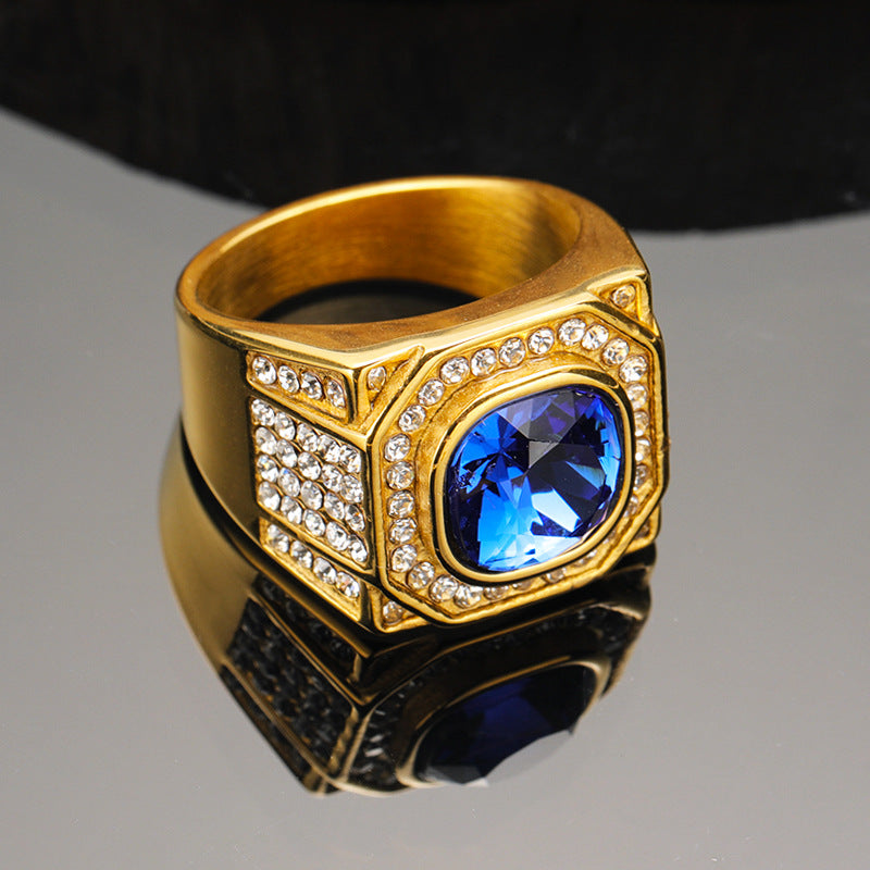 Men's Fashion Hip Hop Light Luxury Inlaid Round Zircon Titanium Steel Ring - Golden Blue Diamond / No. 10 MegaBDM