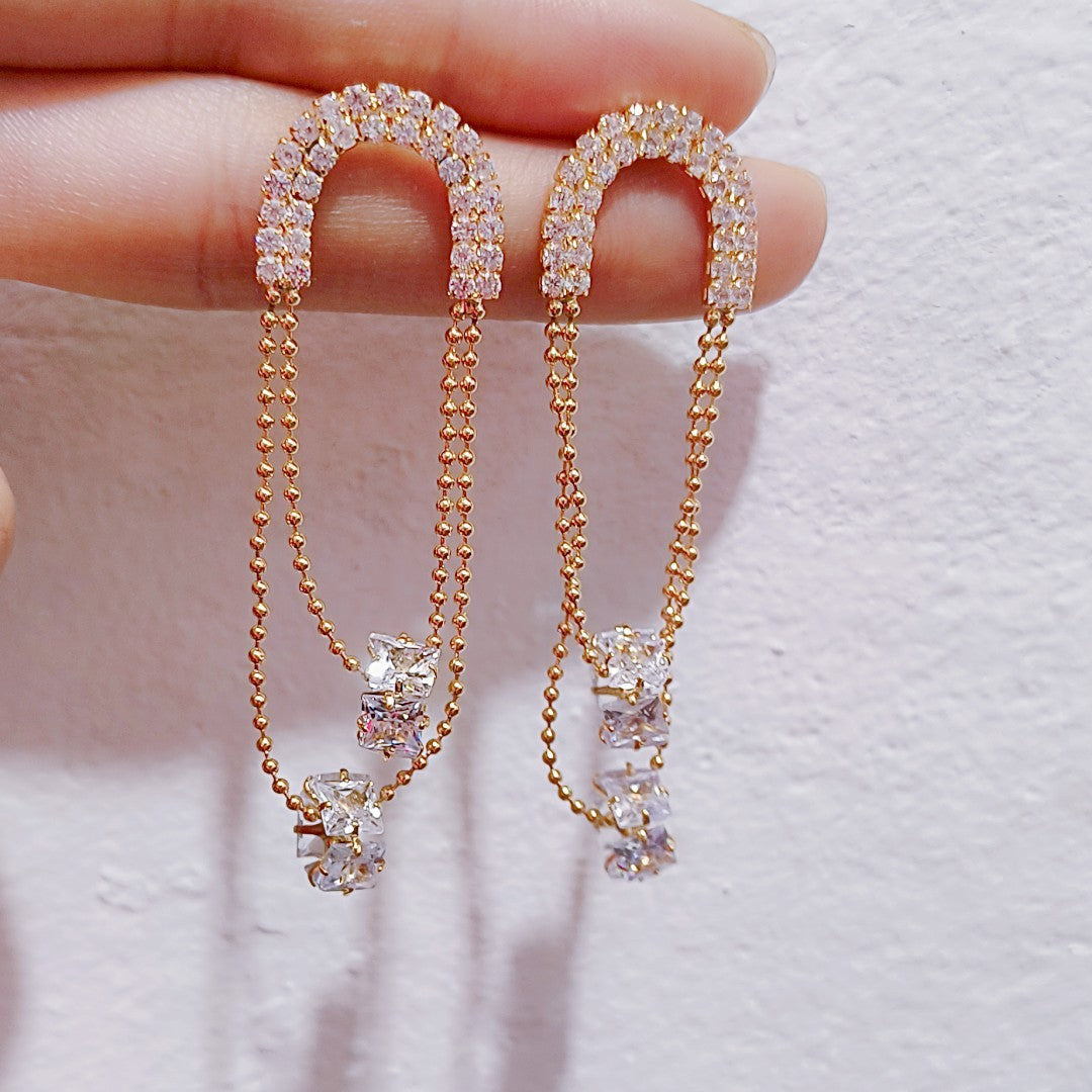Design High-grade Sense Lady Refined Wild Rings - Gold Shiny Diamond Tassel Stud Earrings MegaBDM